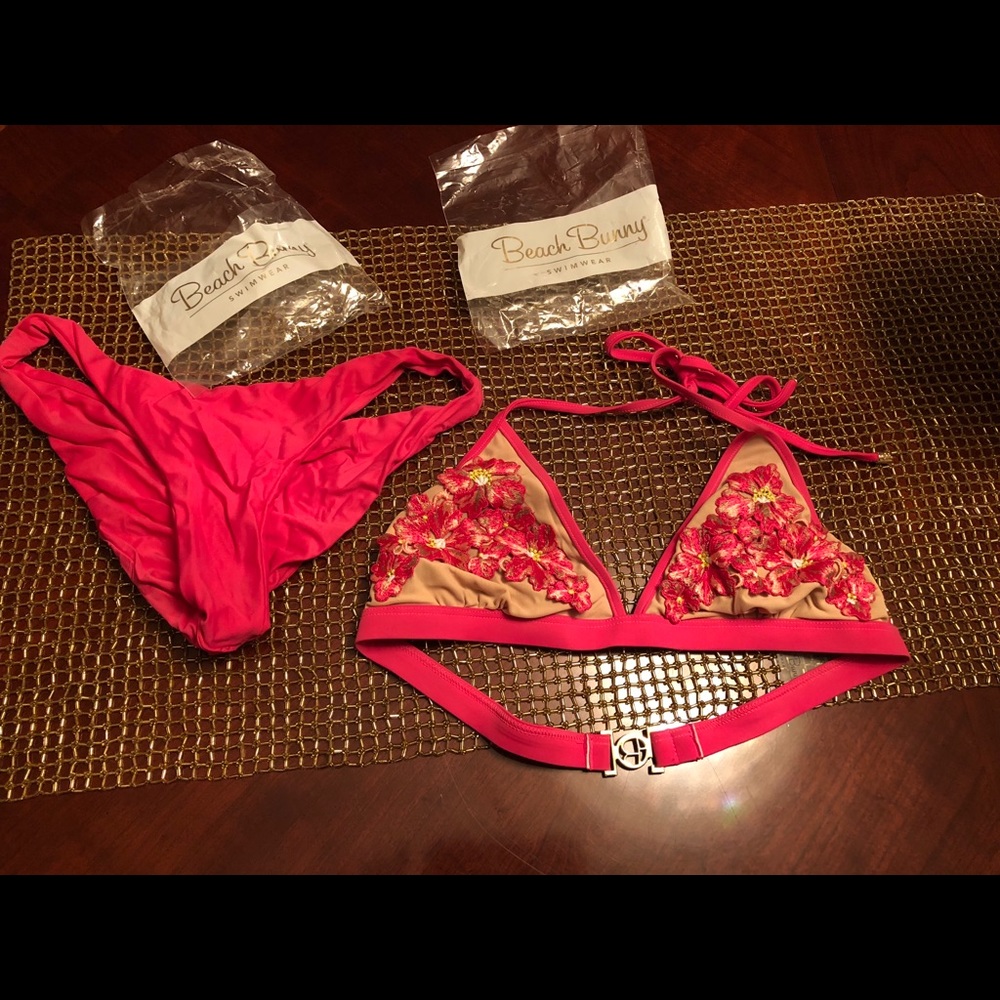Beach Bunny Hot Pink & Nude Floral Embroidered Triangle Bikini